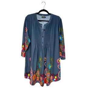 Women's Reborn Floral Print Pintuck Tunic Dress 2X Black 3/4 Sleeve Button Front